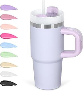 Cosictic 14 Oz Tumbler with Handle and Straw for Kids, Stainless Steel Double Wall Vacuum Insulated Cup for Children, 14 Oz Cups for Kids (Purple)