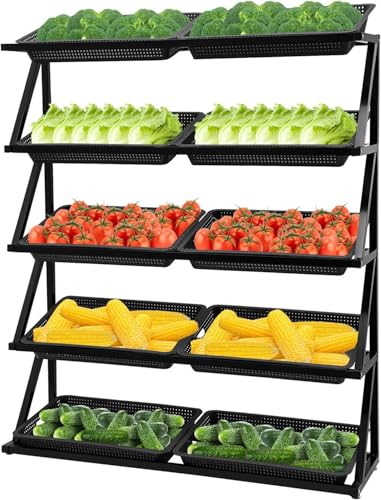 Estante Organizador De Frutas Y Verduras Para Supermercados Comerciales, Estante De Exhibición Minorista De 4/5 Niveles, Estante De Exhibición De Refrigerios, Con 8/10 Cestas,Black-5Tier