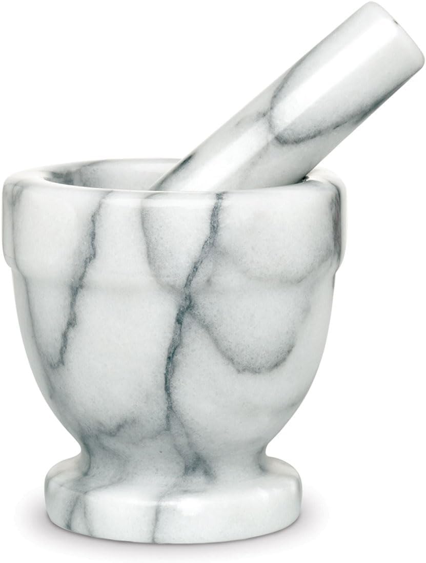 HIC Kitchen Tall Mortar and Pestle Set, Solid Carrara Marble, 4-Inch, Spice Herb Grinder, Pill Crusher, Nut Butter Maker