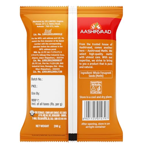 Image of Aashirvaad Methi Whole Spice, Big & Full-Sized Seeds, 100% Pure, Dust Free & Hygienically Packed, 200g Pack