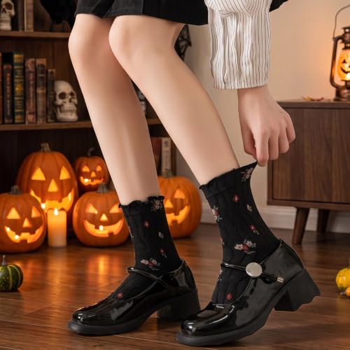 Image of Womens Ruffle Crew Socks Vintage Patterned Ankle Casual Fashion Dress Sock Cute Lettuce Floral Socks 5 /6 Pack