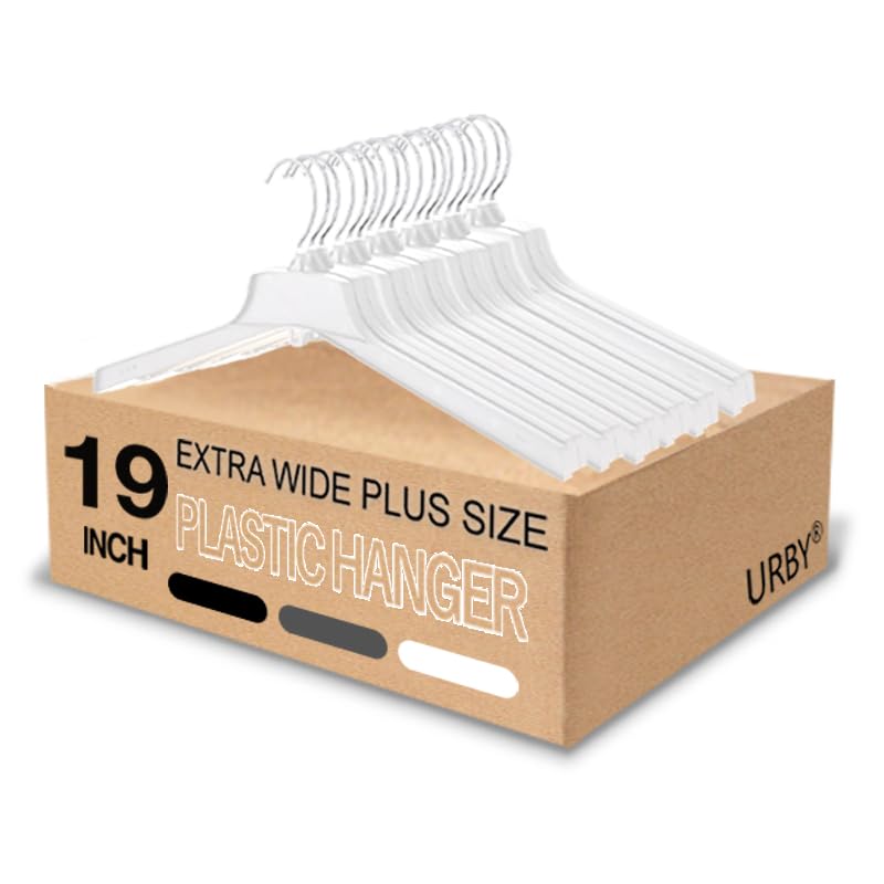 Urby Extra Wide Hangers for Plus Size Clothes, Ganchos para Colgar Ropa,19 Inch Plus Size Hangers Ideal for XL, XXL Shirts, Coats, Dresses, Etc. Plastic. White.