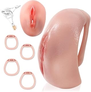 Male Realistic Pussy Chastity Cage with 4 Rings Set, Lifelike Vagina Penis Cage Design, Inverted Negative Sissy Cock Lock Sexy SM Bondage Chastity Device Adults Sex Toys for Gay Men