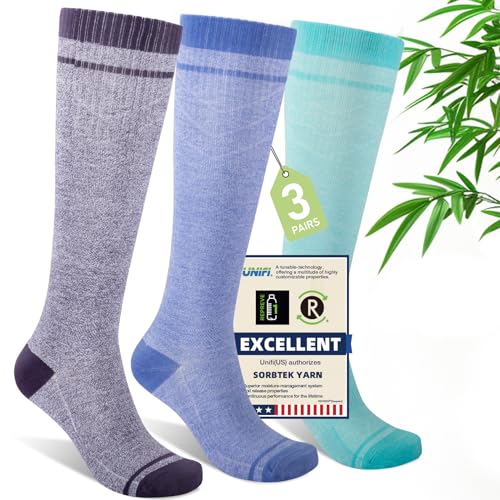 Iambamboo Mens Compression Socks for Men Women (3 Pairs) 15-20 mmHg Bamboo Viscose Knee High Sock for Travel S/M (Purple&Lavender&Turquoise)