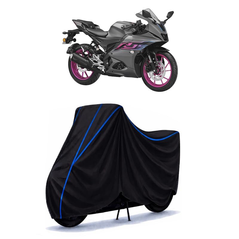 Image of YZF-R15 V2 BS6 Bike Cover Water Resistant Universal Motorcycle Rain | Heavy Duty UV Protection, Dust, Scratch Indoor Outdoor All Weather with Black Blue Piping Elastic