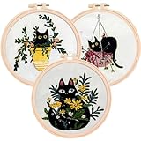 The ZenStore Embroidery Starter Kit for Beginners with Black Cats and Kittens. Complete DIY, Includes 3 Hoops, 3 Stamped Patterns, Needles, Scissors, and More. Cross Stitch for Adults and Crafters