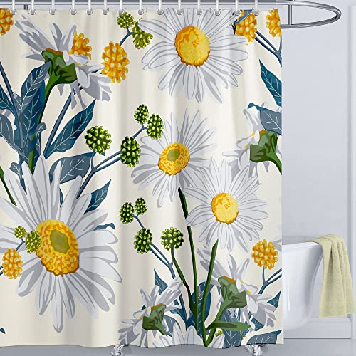 LIVETTY Daisy Floral Shower Curtain 180 x 180 cm Green Leaf Plant Bathroom Curtain Mould Proof Polyester Fabric Bath Curtain with 12 Hooks Washable Quick-Drying