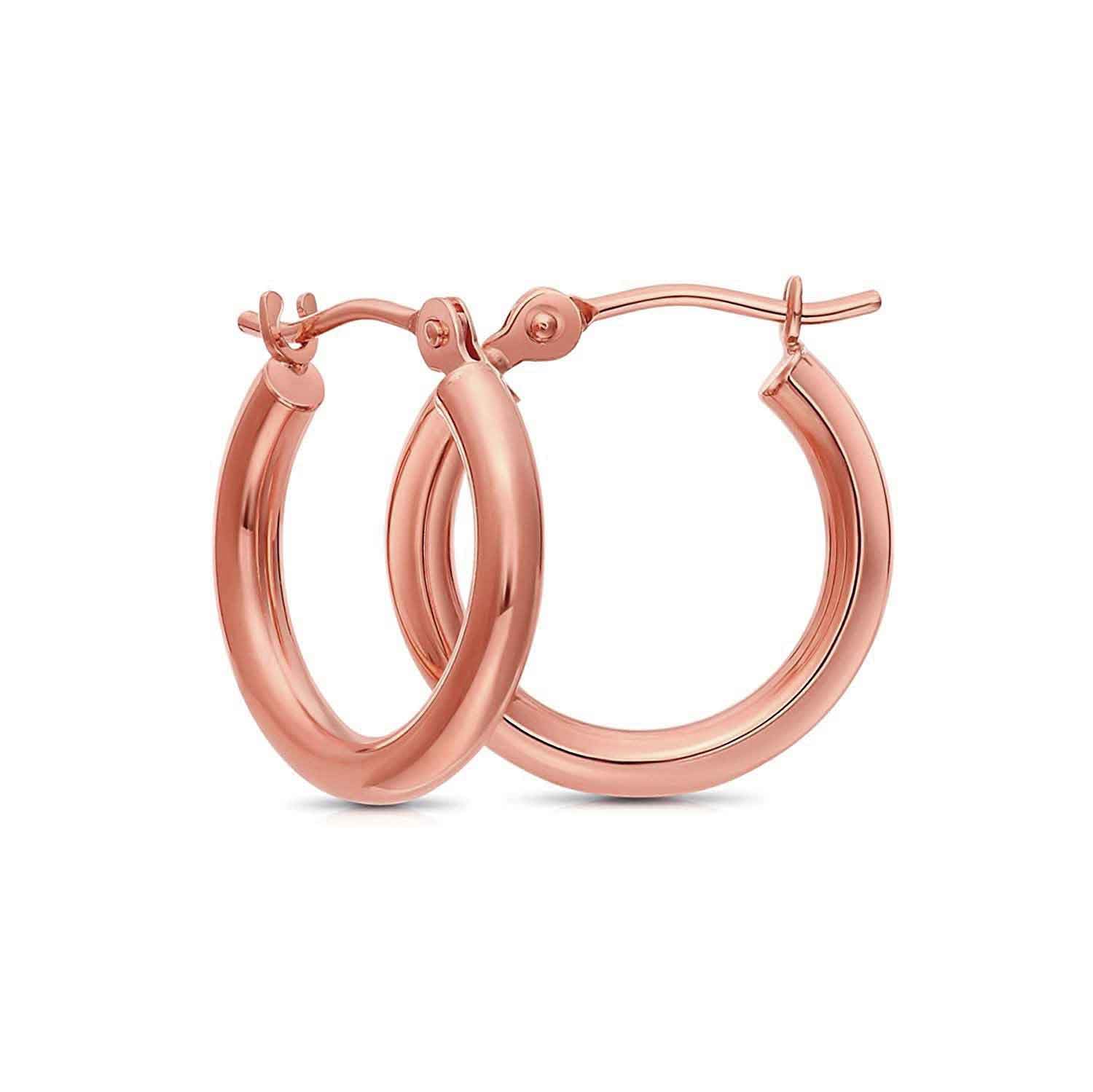 14k Rose Gold Classic Hoop Earrings, Real Gold Round Polished Hoops