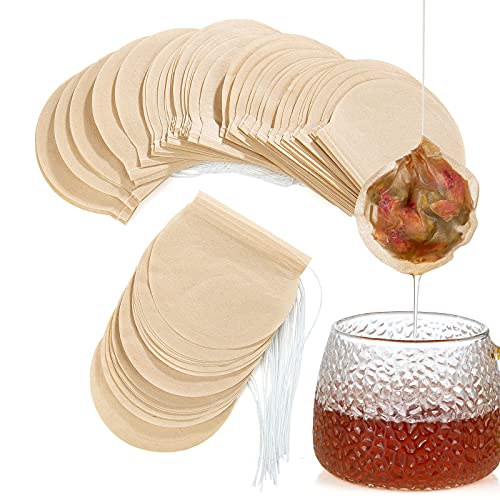 100 Piezas Bolsas de Filtro de Té, XiYee Bolsas de Té Desechables Bolsitas Té de Papel Filtros para el Té de Hojas Bolsas, Papel Natural Sin Blanquear, Redondas Color Madera