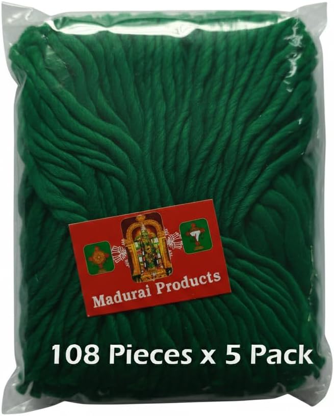 Long Cotton Green Kubera Wicks for Diya (108 pcs x 5 Pack) | Madurai Products Hand-Rolled Temple-Quality Thiri Batti | Ideal for Festival, Pooja, Prayers, Hindu Rituals, Meditation & Manifestation