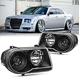 Aresparts 2PCS Headlights Assembly DOT Approved For 2005 2006 2007 2008 2009 2010 Chrysler 300 C With Delay Option Replacement Halogen Headlamps Black Housing Clear Reflector