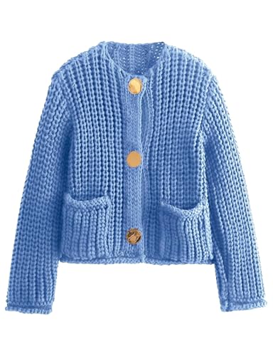 Women Button Down Sweaters Crochet Chunky Knit Long Sleeves Cropped Cardigan Open Front Outwear with Pockets