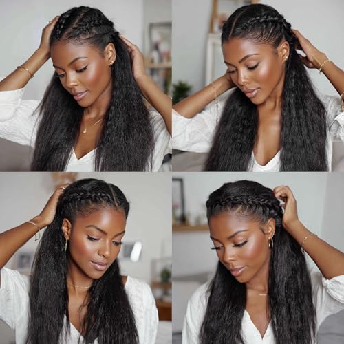 Image of 4x4 lace wigs human hair kinky straight hair 22 Inch Transparent Lace Frontal Wig Pre Plucked With Baby Hair Yaki Straight Human Hair Wigs For Black Women