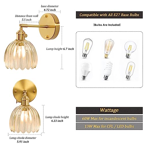 Shenmoyl Vintage Modern 1 Light Wall Sconces With Transparent Flower Glass Lampshade 180 Degree Adjustable Brass Sconces Wall Lighting Fixture With Switch For Bedside Bedroom Doorway #TOP2
