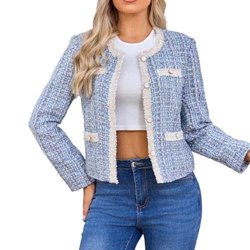 Women's Tweed Blazers Cropped Long Sleeve Crewneck Open Front Lace Trim Lightweight Plaid Work Business Jackets