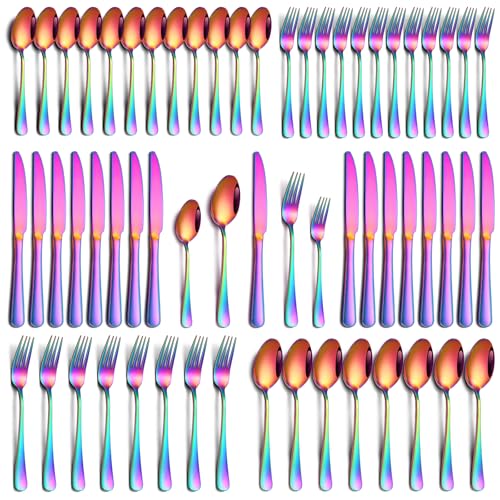 Image of PHILIPALA 60 Piece Rainbow Silverware Set, Stainless Steel Flatware Set for 12 Colorful Novelty Flatware Cutlery Utensil Set Include Knife Fork Spoon Food Grade Mirror Polished Dishwasher Safe