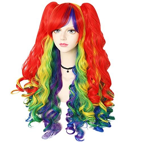 Anogol Hair Cap+Rainbow Wig Costumes For Women With 2 Curly Ponytail Wig Long Curly Wig For Rainbow Cosplay Wig For Halloween Costume Party For Women(Red Blue Yellow) #TOP30