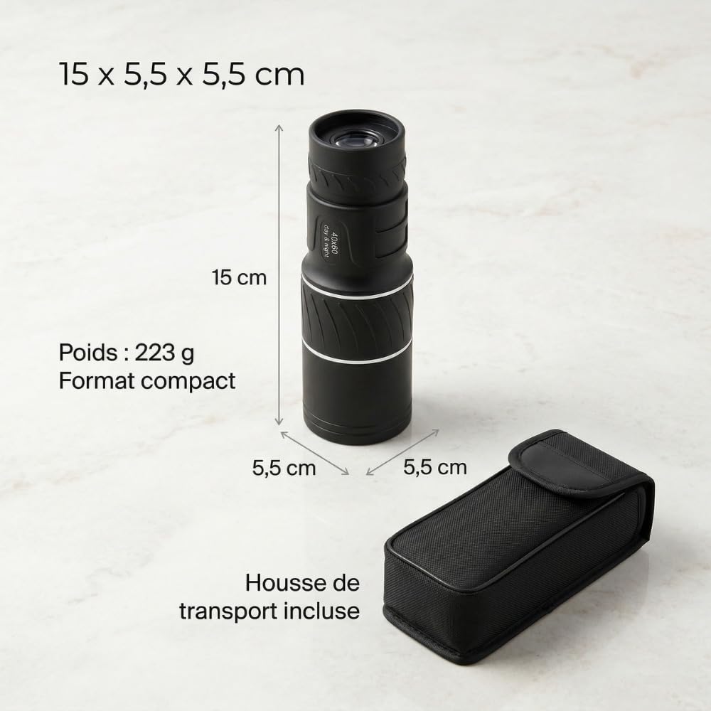 Monoculaire Puissant 8x40 Compact HD avec Double Mise au Point, Mini Trépied et Adaptateur Smartphone, Télescope Monoculaire pour Observation Oiseaux, Randonnée, Voyage et Nature