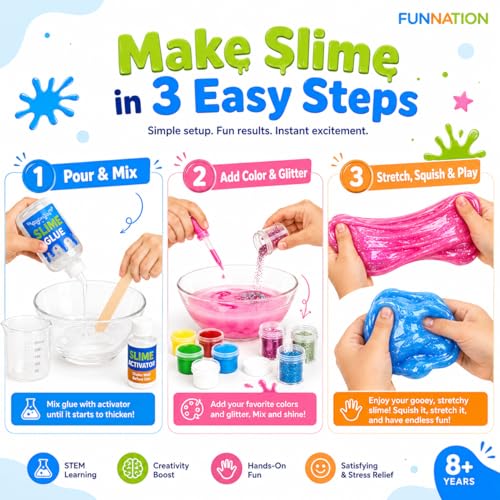 Image of FUN NATION Slime Making Kit | Slime for Kids 3 to 10 Years | DIY & Science Experiment Kit | 20+ Glitter, Fluffy & Colorful Slimes | STEM Educational Craft Activity | Birthday Gift for Boys & Girls