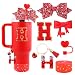 Lingdeer Red Cup Accessories Set for Stanley 30OZ & 40OZ Tumbler with Handle, Letter Charms, Bow & Diamond Straw Covers, Glitter Silicone Boot, Personalized Sticker for Stanley Cup Accessories (H)