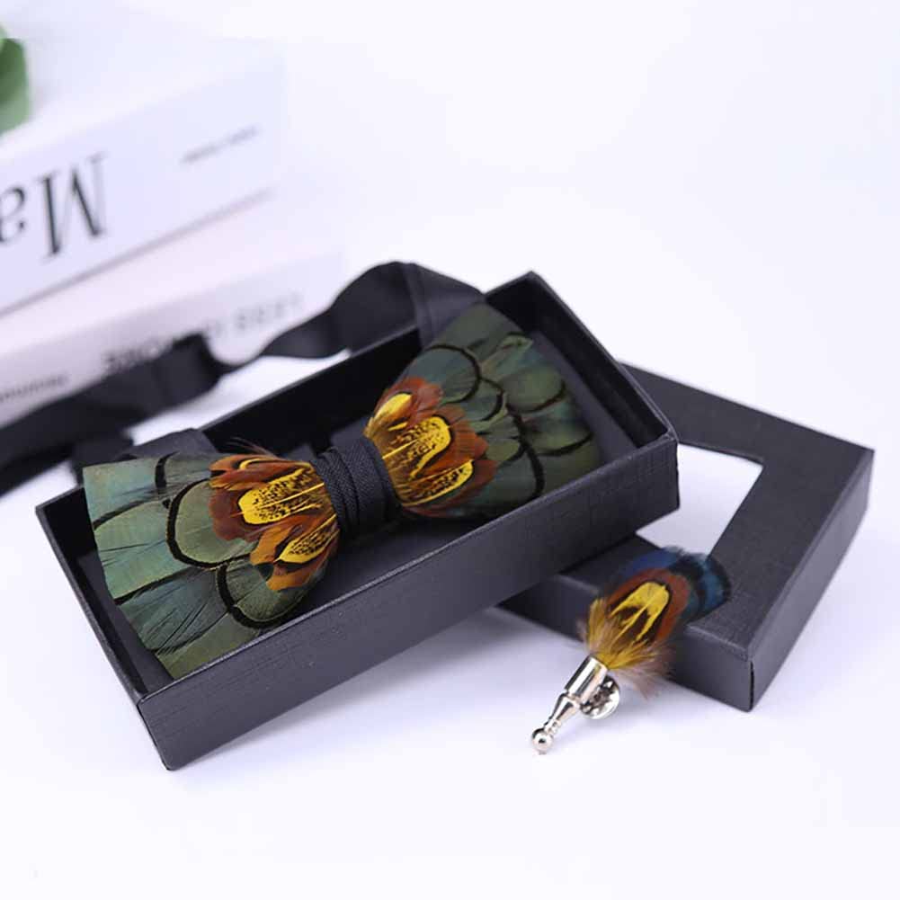 Sadiyamo Feather Bow Tie Feather Necktie Peacock Pre-tied Bow Tie and Brooch Sets with Product Box