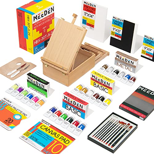 MEEDEN Kit de Pintura de Artista de con Caja Caballete de Haya, 24 × 60 ml de Pintura Acrílica de Cuerpo Pesado, 10 Pinceles, Lienzo, Paletas kit de Pintura para Adultos, Artistas y Aficionados