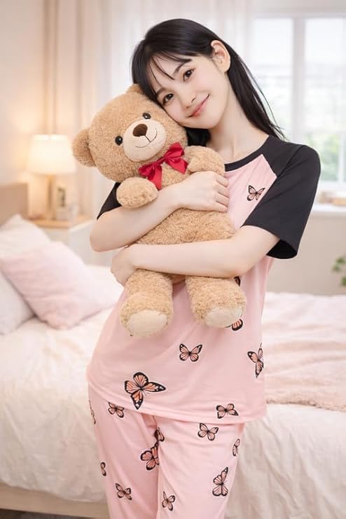 Image of LUXERUDRA Women's Pajama Set, Soft Breathable Korean Style Nightsuit with Top & Full Pants, Lightweight Loose Fit Nightwear & Loungewear for Girls & Women.
