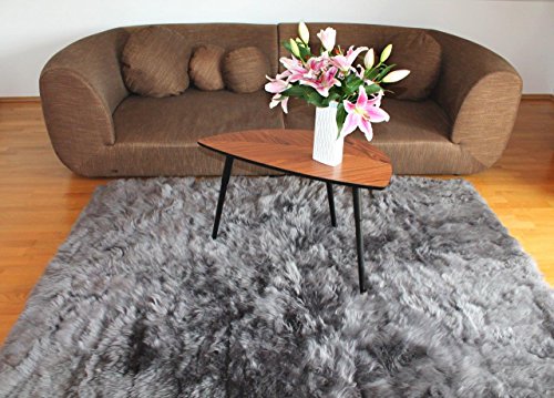 Naturasan Design Öko Schaffell-Teppich 150 x 200, Hochflor Langflor, Shaggy, Flokati, Lounge Fellteppich Lammfellteppich Deko Teppich Wohnzimmer (Dunkelgrau)