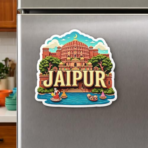 Image of Naxon Jaipur Pink City Theme Souvenir Wooden Fridge Magnet | Hawa Mahal, Amber Fort Rajasthan Design 3x3 Inch Refrigerator Magnet for Kitchen & Home Decor | Travel Gift from Jaipur | Pack of 1