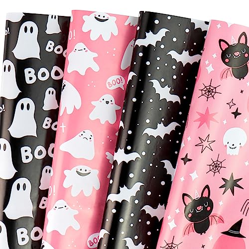 WRAPAHOLIC Halloween Wrapping Paper Sheet - 12 Sheets Adorable Pink and Black Cat Boo Design Folded Flat with 12 Gift Tags for Party - 19.7 Inch X 27.5 Inch Per Sheet