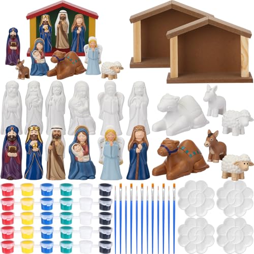 Zubebe 20 Pcs Ceramics to Paint Christmas Nativity Craft Kit Paintable Jesus Birth Figurines in 7 Styles with 4 Paint Set DIY Nativity Figurines Christ Birth of Jesus Scene Decor (Stylish)
