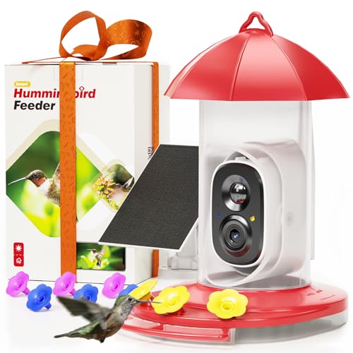 LongPlus® Hummingbird Feeder with Camera for Outdoors Solar Panel,Smart Bird Camera with 2K Live Video,Ant Guard Pole Base,AI Identify Bird Species,Ant Moat,Bee Proof with 3 Feeding Ports,Gifts Ideal