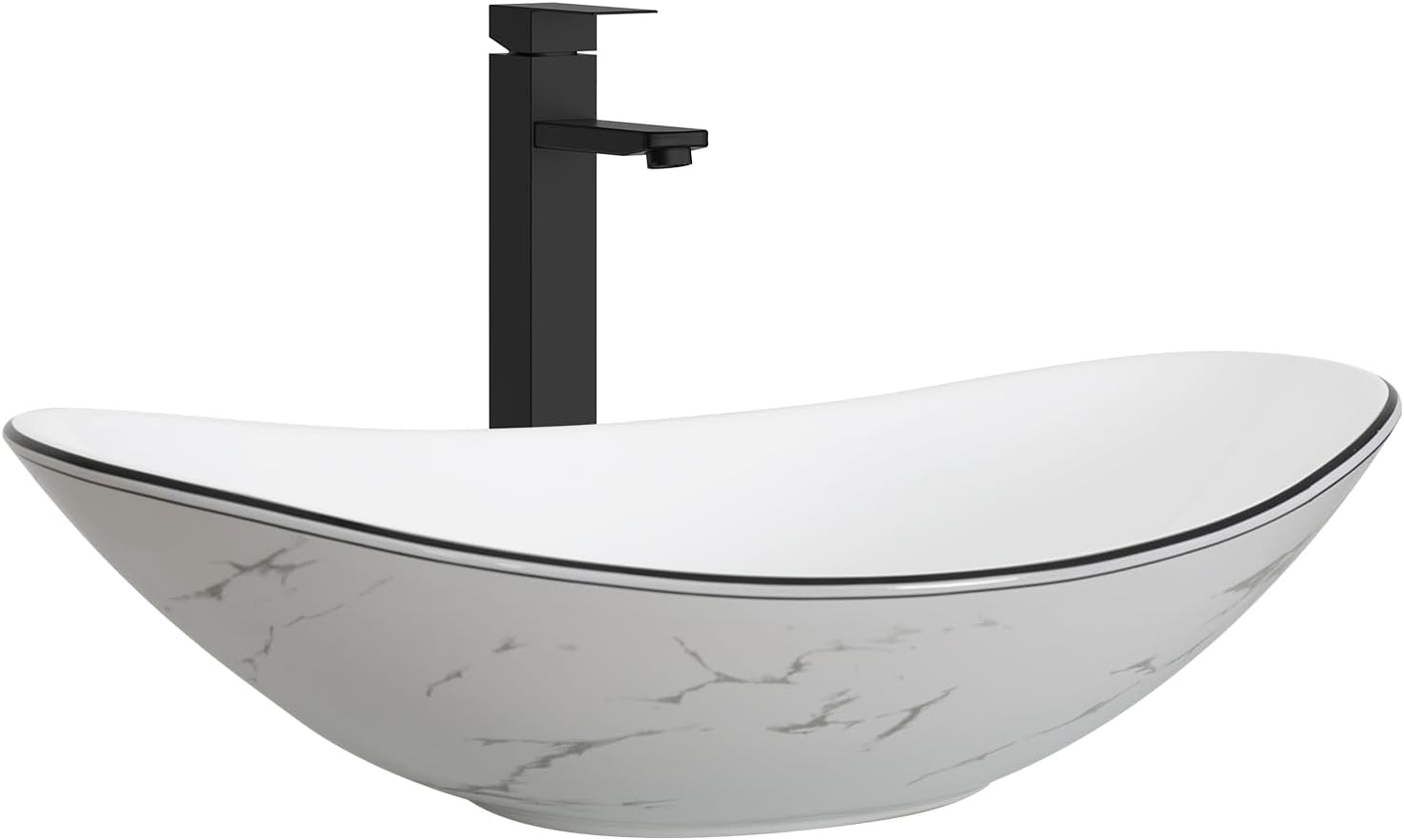 Ceramic Bathroom Sink, White Marble Boat Shape Above Counter Porcelain Vessel Sink with Black Faucet and Pop up drain Set