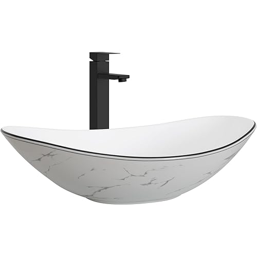 Ceramic Bathroom Sink, White Marble Boat Shape Above Counter Porcelain Vessel Sink with Black Faucet and Pop up drain Set