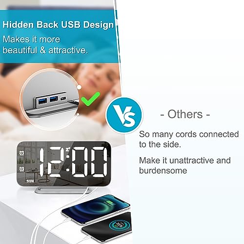 Super Slim Led Digital Alarm Clock, Mirror Surface For Makeup, With Diming Mode, 4 Levels Brightness, Large Display, Easy Setting, Dual Usb Ports, Modern Decoration For Home, Bedroom Decor(Silver) #TOP3