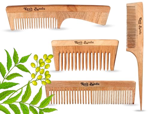 Image of Handmade Kacchi Neem Wooden Comb For Men & Women Detangling, Frizz Control & Shine, Suited For All Hair Diffrent Type of Kangi Combo Pack 4pis (Handle + Wide Tooth + Tel + Dual Tooth)