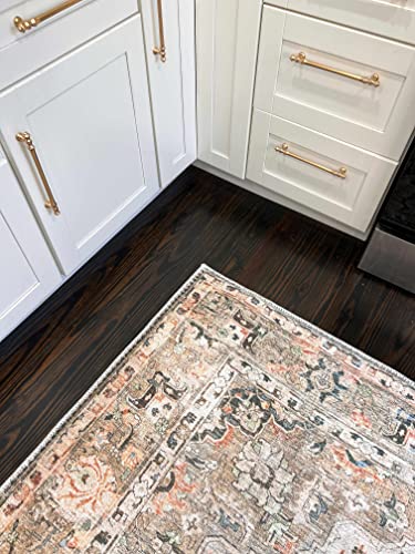 Image of Kemer Collection Machine Washable Area Rug for Living Room Bedroom - Vintage Distressed Faded - Traditional Boho Bohemian Farmhouse Bordered Carpet - Pet Friendly-Brown,Burnt Orange,Beige - 8'10 inchx12'