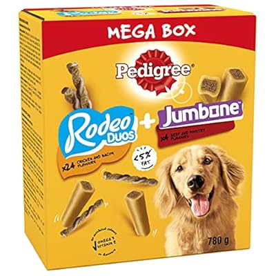 Pedigree Mega Box - Dog treat multipack with 24 Rodeo Duos chicken and bacon flavour and 4 Jumbone beef and poultry flavour, 780g