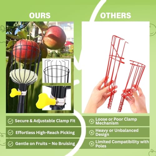 Image of ecofynd Fruit Picker Tool with Adjustable Pole Fixing Clamp, Metal Frame Basket for Mango, Apple, Lemon & Orange, Lightweight Fruit Harvester for Safe Fruit Picking from Trees, Garden & Farm (Black)