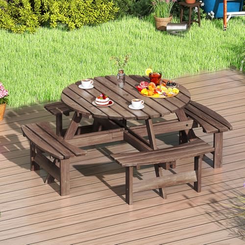 GOPLUS Conjunto de Mesa de Picnic Exterior, Mesa Redonda para Patio con 4 Bancos Integrados en Forma de Arco, Agujero para Sombrilla de 5 cm, para 8 Personas, Jardín Terraza Parque (Marrón) - imagen 2