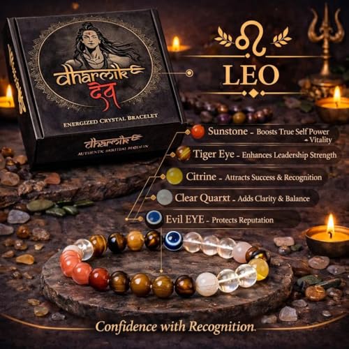 Image of Leo (Simha) Crystal Bracelet for Men & Women | Sunstone Tiger Eye Citrine Quartz Evil Eye | Zodiac Healing Bracelet for Confidence Success Protection Wealth Energy