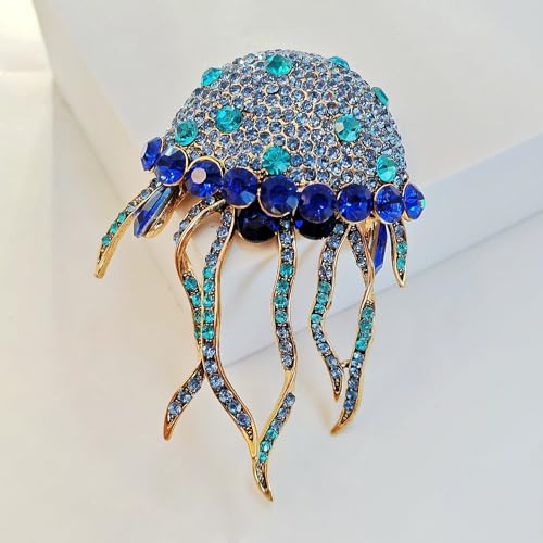Image of Sparkles Big Blue Crystal Rhinestone Jellyfish Brooch Ocean Animal Jewelry