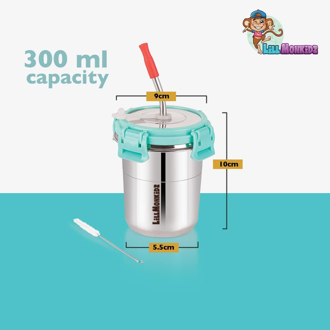 LiLLMONKiDZ Stainless Steel Tumbler for Kids | Tumbler Glass with Straw for Kids | Steel Tumbler with Lid, Straw, Cleaning Brush and Silicon | (Sea Green, 300ml) (Sea Green 1pc) - Image 2 thumbnail