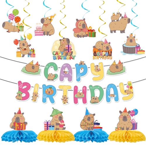 Image of Capybara Birthday Party Decorations - 14PCS Capybara Banners and Hanging Swirls Decoration Cute Capy Honeycomb Centerpieces Animals Decor Supplies