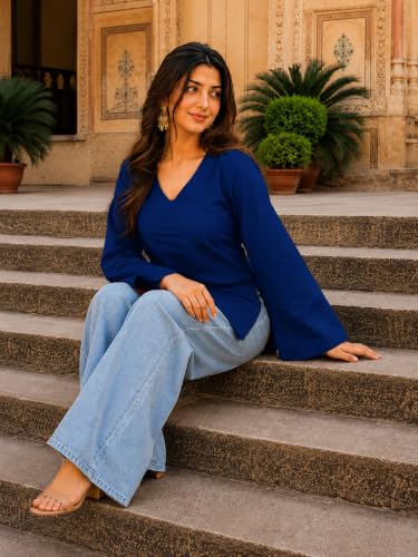 Image of Women's Cotton Short Kurti Black Solid Plain V Neck Full Bell Sleeve Casual Stylish Short Kurta for Women for Jeans Daily Girl Top