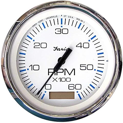 Faria Beede 33832 Chesapeake Stainless Steel Tachometer with Hourmeter (6000 RPM) Gas - 4', White Cover