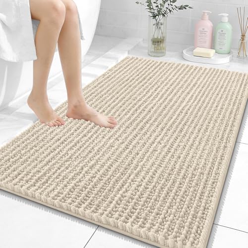 Image of OLANLY Bathroom Rug Mat 40x32, Thick Soft and Absorbent Chenille Bath Mat, Non-Slip Rubber Backing, Machine Washable Quick Dry Bath Rugs for Tub Shower Floor, Home Decor Accessories, Sand