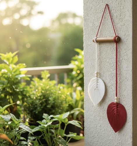 Image of AdFashionble Boho Macrame Wall Hanging Leaf Decor for Home, Living Room & Bedroom | Cotton Thread Art with Wooden Rod | Minimalist Handmade Wall Decoration | Aesthetic Nordic Wall Art for Home, Office & Gift Purpose (RED & WHITE)