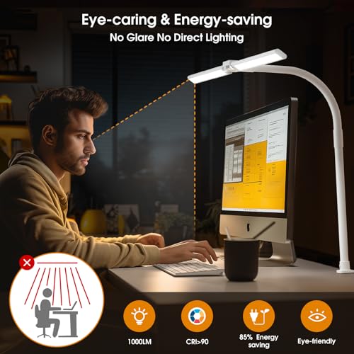 Image of SIBRILLE LED Desk Lamp for Home Office - Dimmable Computer Desk Light with Clamp, Modern Architect Task Lamp with Color Changing, Flexible Desktop Lamp with Gooseneck for Monitor, Double Head, White