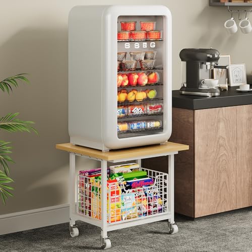 Image of Mini Fridge Stand with Storage, Small Refrigerator Stand with Wheels, Mini Fridge Cabinet-Max Load 300 LBS Heavy Microwave Printer Stand Mini Fridge Cart for Dorm, Apartment, Kitchen, Office (White)